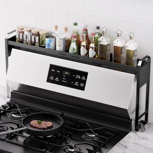 Kitchen Spice Rack Over The Stove, Shelf for Back of Stove, Stove Top Shelf for Seasoning Organizer, Over Oven Shelf, Countertop, Expandable Length 27.3''-32.6'', 4 Adjustable Height (Black, Normal)