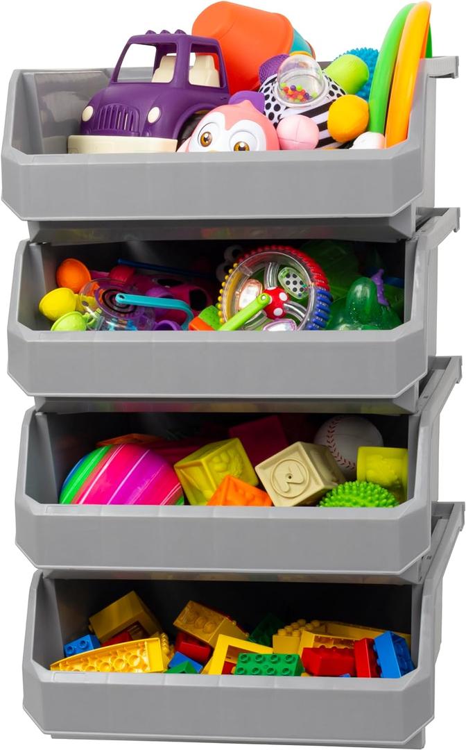 Plastic Containers for Organizing and Storage Bins for Closet, Kitchen, Office, Garage or Pantry Organization, Stackable Bins, Extra Large (14.8" x 16.5" x 7"), 4-Pack, Grey