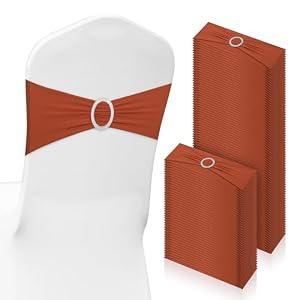 CHENGU 150 Pieces Spandex Stretch Chair Sashes Bows Elastic Chair Cover Bands Ties with Buckle Slider for Wedding Party Reception Events Universal Ceremony Banquet Decorations (Terracotta)