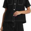 Kedera Summer Denim Set for Women 2 piece Casual Short Sleeve Boxy Shirt Tops and Shorts Pants Lounge Sets Outfits (Small, Black)