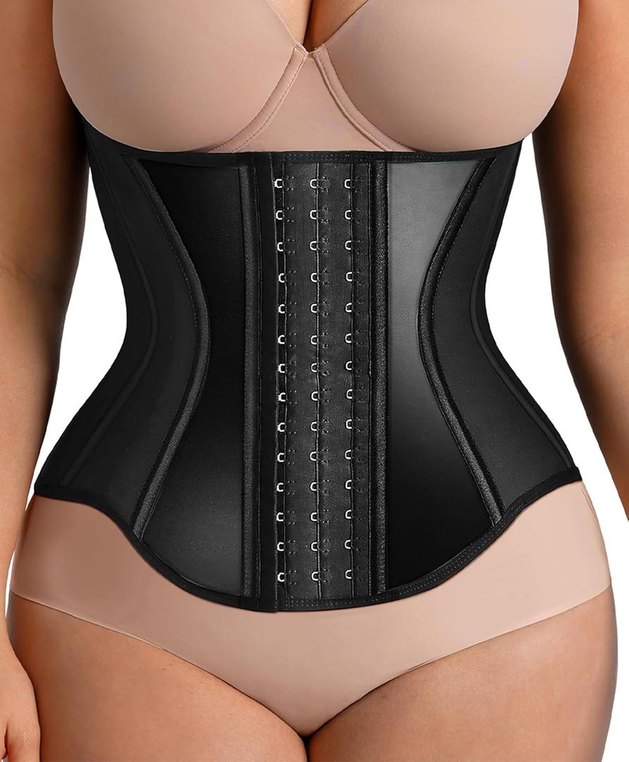 FeelinGirl Waist Trainer for Women Tummy Control Working Out Shapewear Latex Glossy Waist Cincher with Adjustable Hooks (Black), XL