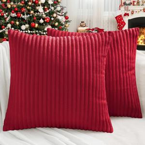 Simmore Decorative Throw Pillow Covers 18x18 Set of 2, Soft Natural Plush Flannel Double-Sided Fluffy Couch Pillow Covers for Sofa Living Room, Red