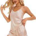 Fivali Women Silk Satin Pajamas Set: 2 Pcs Silk Pjs Cami Ruffle Shorts Set Sleepwear, S-XXL (L)