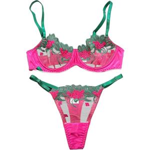 Lilosy Sexy Satin Mesh Floral Sheer Embroidered Underwire Lingerie Set 2 Piece Women (Medium, Flower Hot Pink)