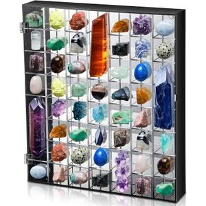 Rock Display Case Adjustable Acrylic Display Case with Mirrored Crystal Organizer for Collectible, Mineral Crystal, Stones, Wall Mountable, Magnetic Door (Clear, 56 Grids)