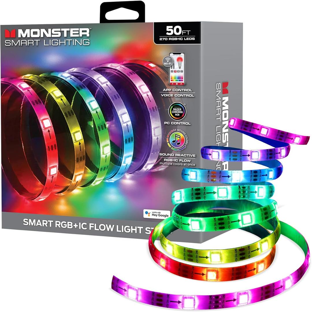 Monster Smart RGB+IC LED Strip Lights 50ft  Sound Reactive Strip Lights for Bedroom, App & Voice Control, RGB Light Strip for Room, Alexa Google Home, Razer Chroma Sync - 270 RGB+IC LED Lights Monster Smart RGB+IC LED Strip Lights 50ft  Sound Reactive Strip Lights for Bedroom, App & Voice Control, RGB Light Strip for Room, Alexa Google Home, Razer Chroma Sync - 270 RGB+IC LED Lights