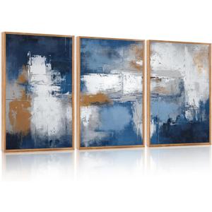 HOURIA 3Pcs Large Abstract Navy Blue Framed Canvas Wall Art Set(16"x24"),Minimalist Modern Blue Grey White Wall Decor,Neutral Blue Toned Color Block Shapse Art Print for Living Room Bedroom Office