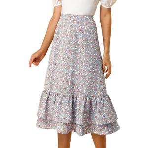 Allegra K Women's Printed Skirt 2025 Weekend Trendy Summer Chiffon Ruffle Tiered Flowy Midi Skirts (Medium, Blue Grey-floral)