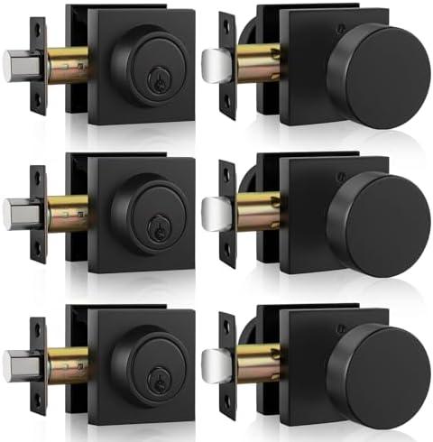 goldenwarm 3 Pack Black Door Knob with Deadbolt,Zinc-Alloy Heavy Duty Front Door Knob and Deadbolt Set，Contemporary Door Knobs Exterior with Deadbolt