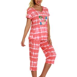 Lu's Chic Women's Cute Pajama Set Cotton Capri Loungewear Soft Short Sleeve Pjs Comfy Pants Lounge Two Piece Patterned Print Sleepwear Orange, Small