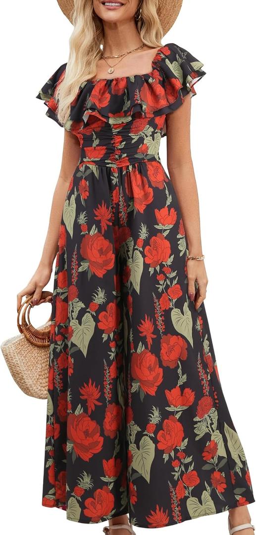 Gardenwed Women's Floral Wide Leg Jumpsuit, Ruffle Short Sleeve Square Neck Summer Casual Palazzo Romper with Pockets (Medium)