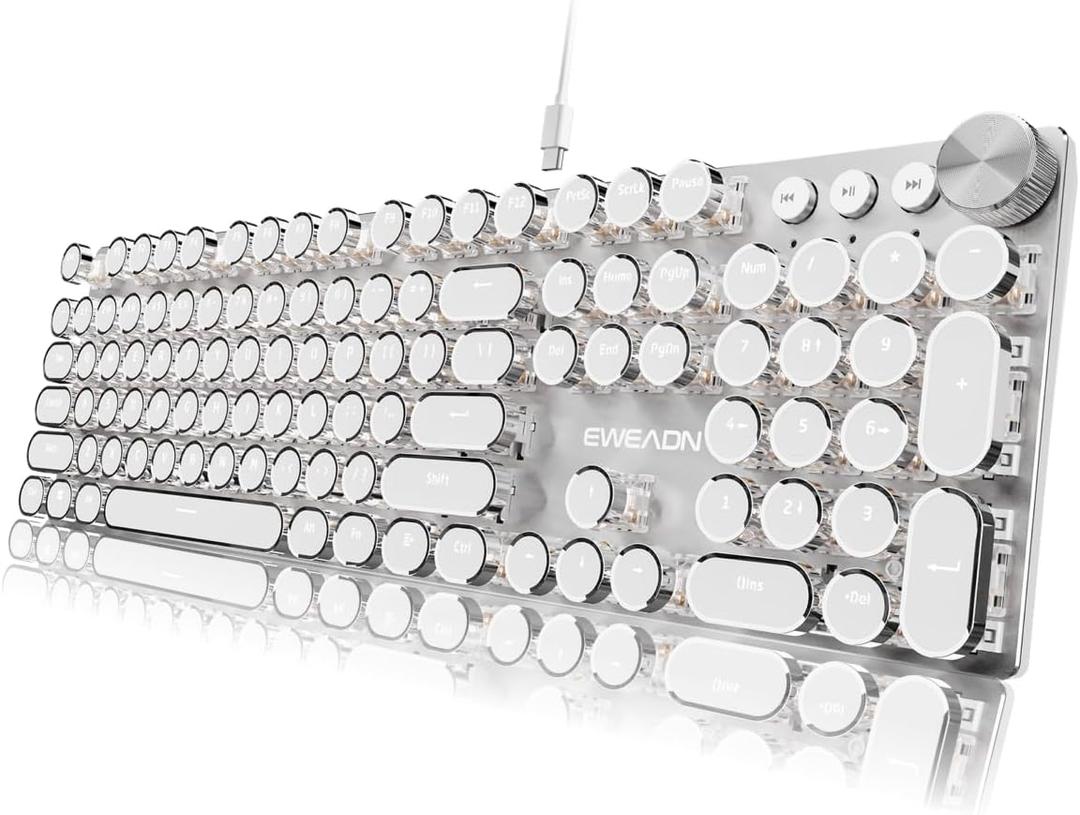 EWEADN Typewriter Style Mechanical Keyboard, Wired Typewriter Keyboards,104 Keys Backlit LED Metal Keyboards, Media Control Knob, Wired Computer Keyboard White Switch for Windows/Mac/PC-White