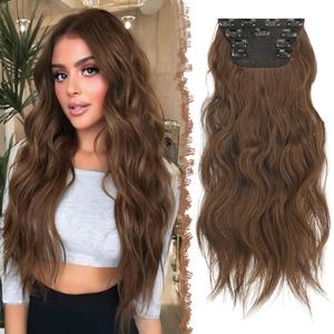 FESHFEN Clip in Hair Extensions - 4 PCS Long Wavy Thick Clip in Hairpieces Full Head Synthetic Hair Extension for Women, 20 Inch Copper Chestnut Brown