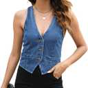Ladyful Womens Denim Vest Sleeveless V neck Jean Suit Waistcoat Vest (Large, Dark Blue)