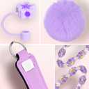 Mity rain Cup Accessories for Stanley Cup 30oz 40oz Tumbler with Handle, Including Water Bottle Handle Strap, Chapstick Holder, Boot, Keychain Charms, Straw Topper Cover Cap for Stanley (Purple)