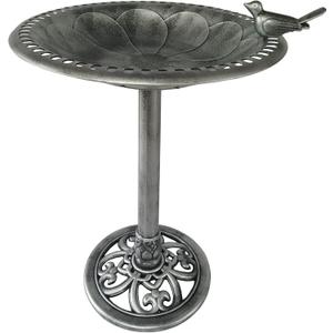 Outdoor Garden Bird Bath - Silver - Weather Resistant Polyresin - 30 Inch - Backyard Expressions