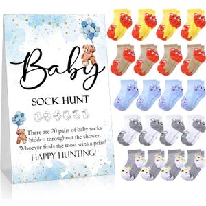 Hoteam 21 Pcs Baby Shower Games Include Baby Sock Hunt Sign and 20 Pair Small Cotton Socks Wooden Table Sign with Holder for Gender Reveal Party Favors(Simple Style, Bear)