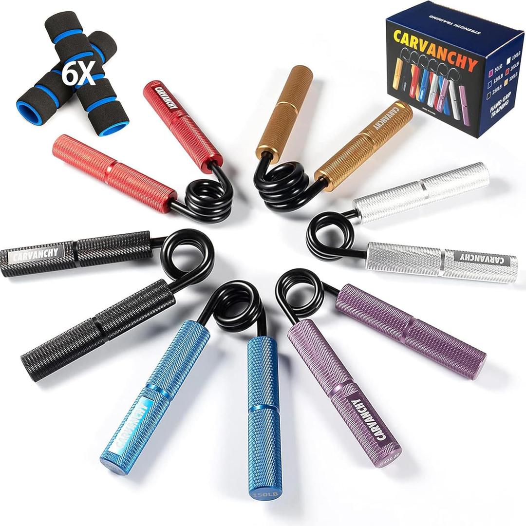 Grip Strength Trainer Set, 50-300LB(6 Pack), Wrist Forearm Strengthener, Metal No Slip, Hand Grip Gripper Strengthener for Strength Training and Exercise, Hand Workout Squeezer Grip Strength (6Pack, 50-300lb, Purple+Silver+Blue+Red+Black+Gold)