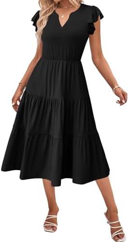 Zeagoo Womens Summer Casual Dresses Ruffle Sleeve V Neck  Dress Flowy Tiered Dress with Pockets Boho Sundresses, L