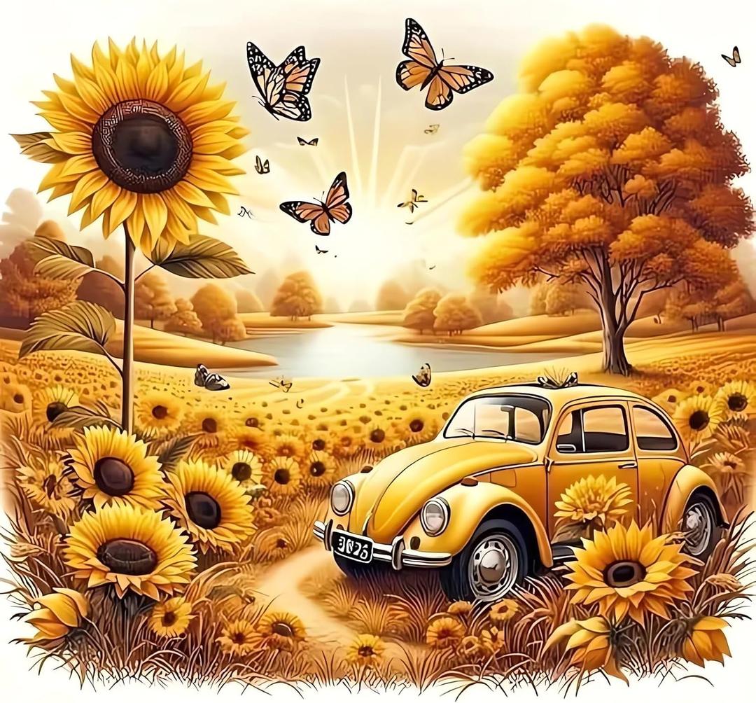 DIY Car Sunflower Diamond Art Kits for Adults, 5D Diamond Painting for Beginners, Diamond Dot, Small Dimond Art Paintings Kit, Full Drill Gem Painting, Crafts for Adults, Home Wall Decor 14x14inch (QY098)