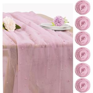 Set of 6 Pearl Table Runner 29 x 120 Inch Tulle Fabric Lace Table Runners for Bridal Shower Birthday Party Wedding Arch Dessert Table Decor(Pink)