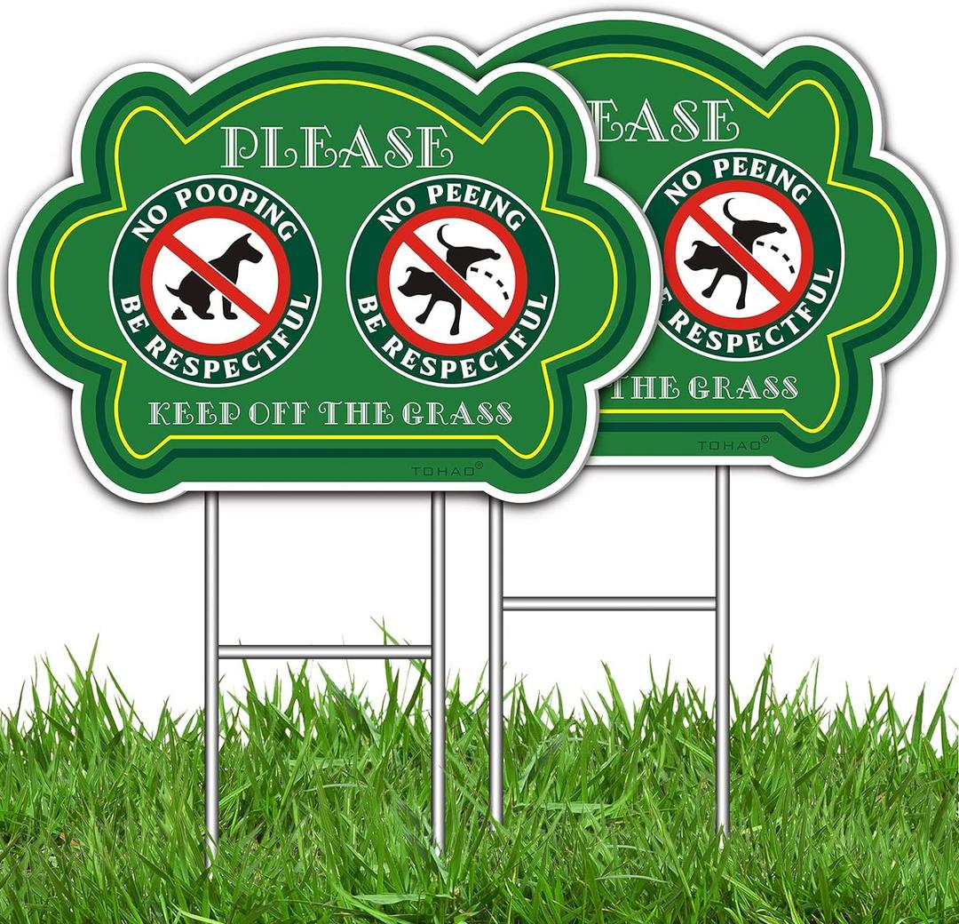 TOHAO No Peeing and No Pooping Dog Sign 2 Pack, Double Sided Please Be Respectful Keep Off The Grass Yard Signs with Metal Wire H-Stakes, 14" x 10", UV Protected & Waterproof, Outdoor Use
