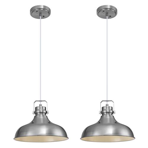 ALAISLYC Brushed Nickel Farmhouse Pendant Lights Matte Pendant Lighting for Kitchen Island Industrial Adjustable Height Vintage Dome Hanging Light Fixtures for Barn, Dining Room 2 Packs