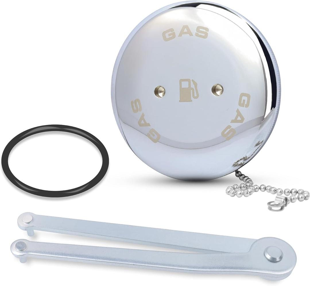 0540DPG99A Boat Gas Cap, Marine Fuel Cap for Perko 1-1/2" Angled Neck Vented Fuel Fills, Chrome Plated Bronze with Chain, O-Ring & Wrench
