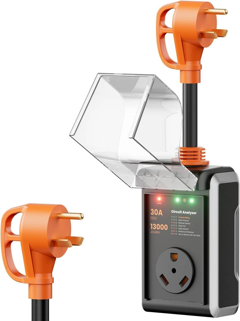 RV Surge Protector 30 amp, 2026 Upgraded 13000J Surge Protection RV Circuit Analyzer 30 amp RV Surge Protector with Waterproof Cover, RV Adapter Plug for Camper, Travel Trailers (BLack-Sliver)