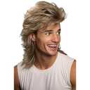 Deifor Mullet Wigs Sets with Wolf Tooth Necklace and 6pcs Metal Punk Rocker Rings and Sunglasse for Men 80s Costumes Fancy Party Funny Heavy Metal Punk Rocker Disco Cosplay (Dark browm)