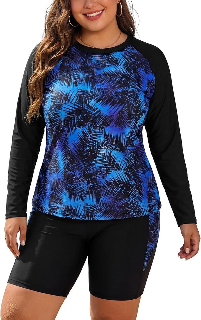 SHEKINI Women's Plus Size Two Piece Rash Guard Long Sleeve Swimsuit Shirt with Build in Bra & Boyshort (Blue, XXXL)