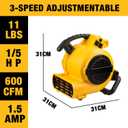 DEWALT Portable Air Mover, 276W 3 Speed Floor Fan, Utility Blower Fan, 1/5 HP 600 CFM Floor Dryer, Carpet Dryer, Floor Fan, Blower, for Janitorial, Home, Commercial Use, DXAM-2260