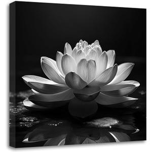 LZIMU Black White Zen Canvas Wall Art Blossom Lotus Picture Water Lily Prints Spiritual Artwork for Bathroom Meditation Yoga Spa Room Decor(Picture-1, (16.00" x 16.00"))