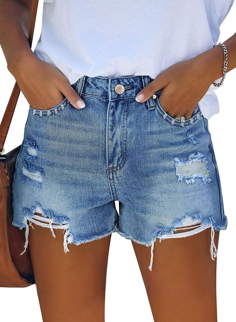 ZOLUCKY Women's Casual Summer Denim Shorts Mid Waisted Stretchy Ripped Jean Shorts with Pockets (Large, E Light Blue)