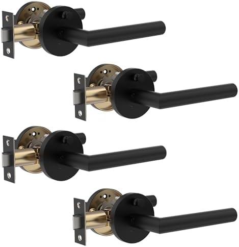 Zylaria 4 Pack Stainless Steel Privacy Door Handle - Keyless Push Button Lock, Matte Black Finish, Reversible Left/Right Hand Lever