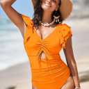 Sovoyontee Women's Ruffle One Piece Swimsuit Tummy Control Bathing Suits Drawstring Cutout V Neck Swimwear (Green, S)