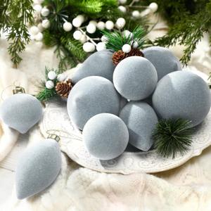 12 Pcs Grey Blue Velvet Christmas Ornaments Large Glass Velvet Christmas Balls Ornaments Bulk Flocked Tree Bulbs Set for Xmas Tree Party Holiday Decoration(No Diamond)