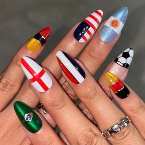 2 x 24Pcs World Cup Press on Nails Medium Almond Fake Nails with Soccer Star Design Glossy Cat Eye Green Blue Red Glitter Nails Press on White Striped Glue on Nails Reusable Summer Holiday Nail for Women