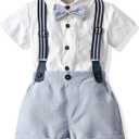 Volunboy Toddler Short Suspenders Outfits Baby Boys Summer Gentleman Suits Wedding Ring Bearer Bowtie Dressy Suits (White+Blue, 3-4T)