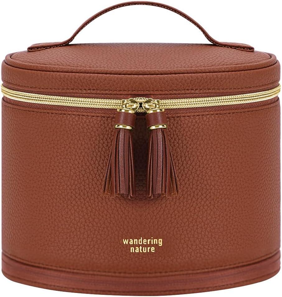 Wandering Nature Travel Makeup Bag for Women, Structured Vanity Case with Wipe-Clean EVA Interior & Removable Divider, Brush Loops, Fold-Flat PU Leather Makeup Case with Handle 