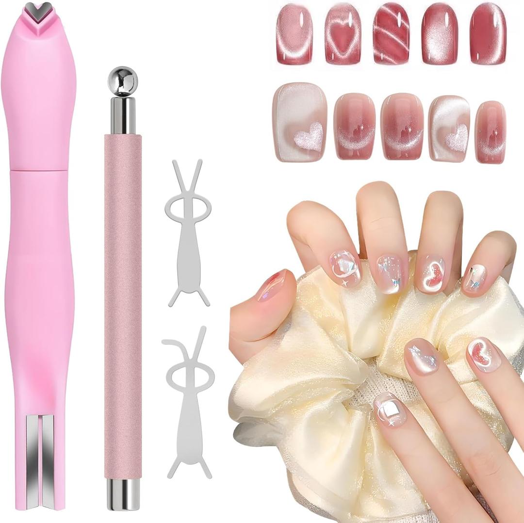 4Pcs Cat Eye Nail Magnet Kit for Gel Polish, 3in1 Magnet with DualEnded Pen & 2Pcs Bunny Guides  Create Stunning Cat Eye & 3D Nail Art Designs at Home or Salon