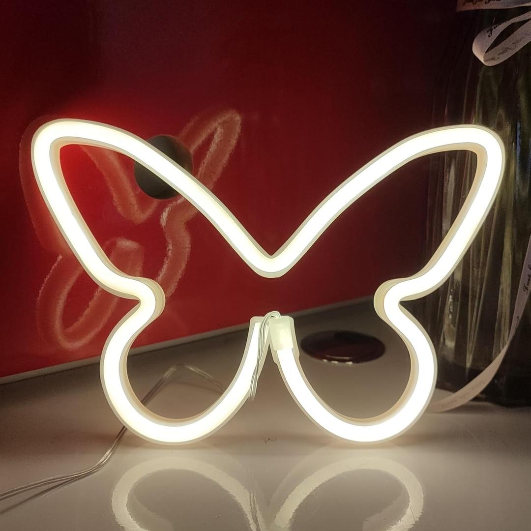 JYWJ Butterfly Neon Sign, USB or 3-AA Battery Powered Neon Light, LED Table Decoration, Bedroom Wall Decoration, Birthday Gift, Wedding Supplies Business Gift(Warm)