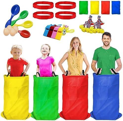 TITGIPE Potato Sack Race Bags - 18PCS Outdoor Games Sack Race Bags for Adults and Kids,3 Legged Race Bands,Egg Spoon Relay Race,Bean Bag Toss,Party Games for Kids,Field Day Games for Adults