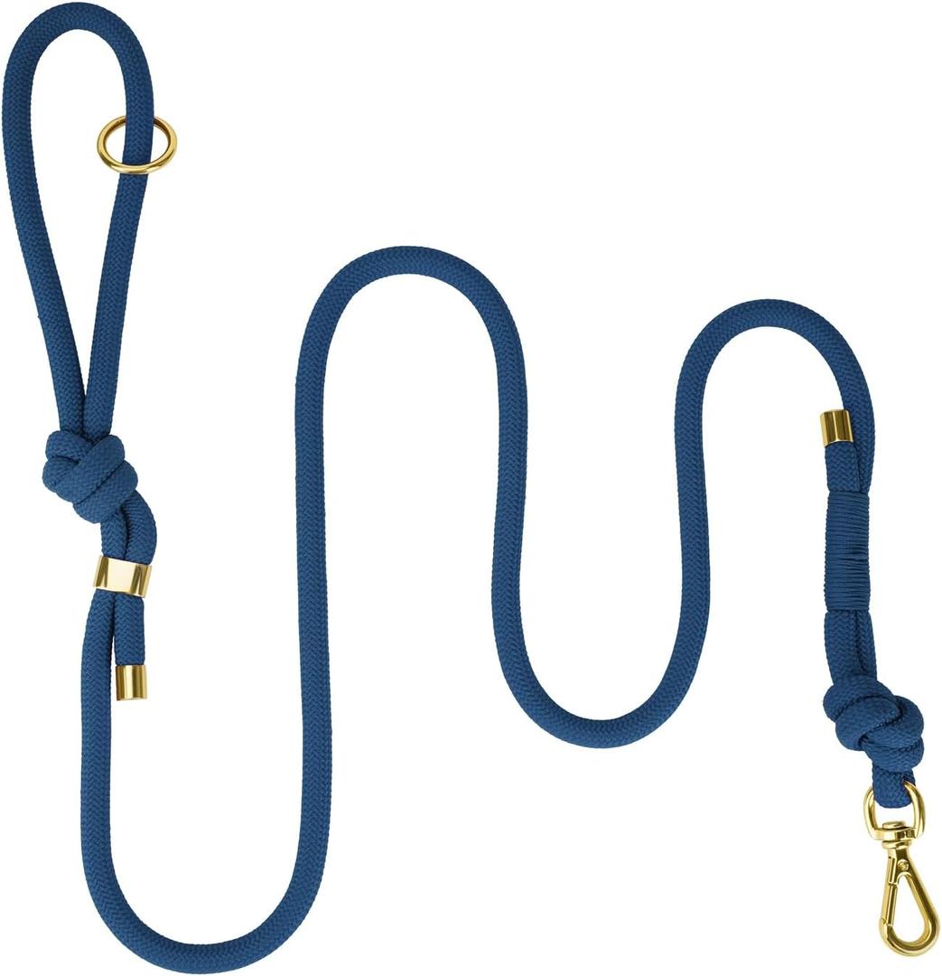 5FT No Pull Dog Leash for Medium Large Dogs - Rope Leash with Non Slip Handle & Metallic Golden-Toned Carabiner Clip (Prussian Blue) (3/8 Inch)