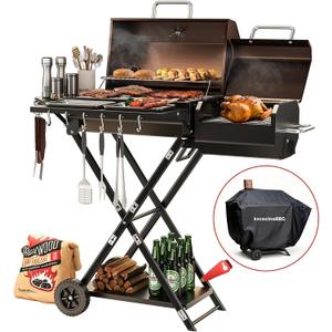 Portable Charcoal Grill with Smoking Function, Foldable Suitcase Design with Wheels, Multi-Tier Storage Rack & Waterproof Cover for Outdoor BBQ Parties (Khaki)