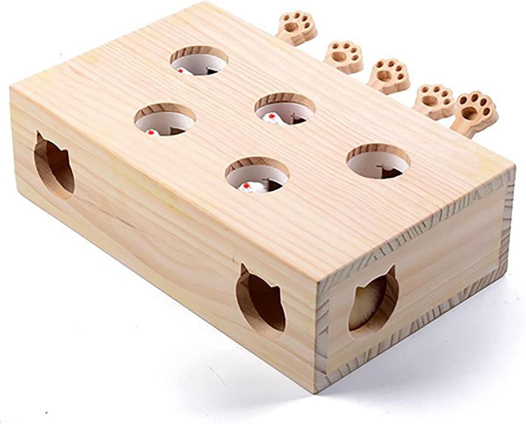 Interactive Wooden Whack-A-Mole Cat Toy, Engaging and Durable Play for Cats and Kittens, Keeps Pets Entertained and Stimulated, Natural Wood Design, Perfect for Indoor Exercise and Fun - Pet Gift Idea (5 Mice)