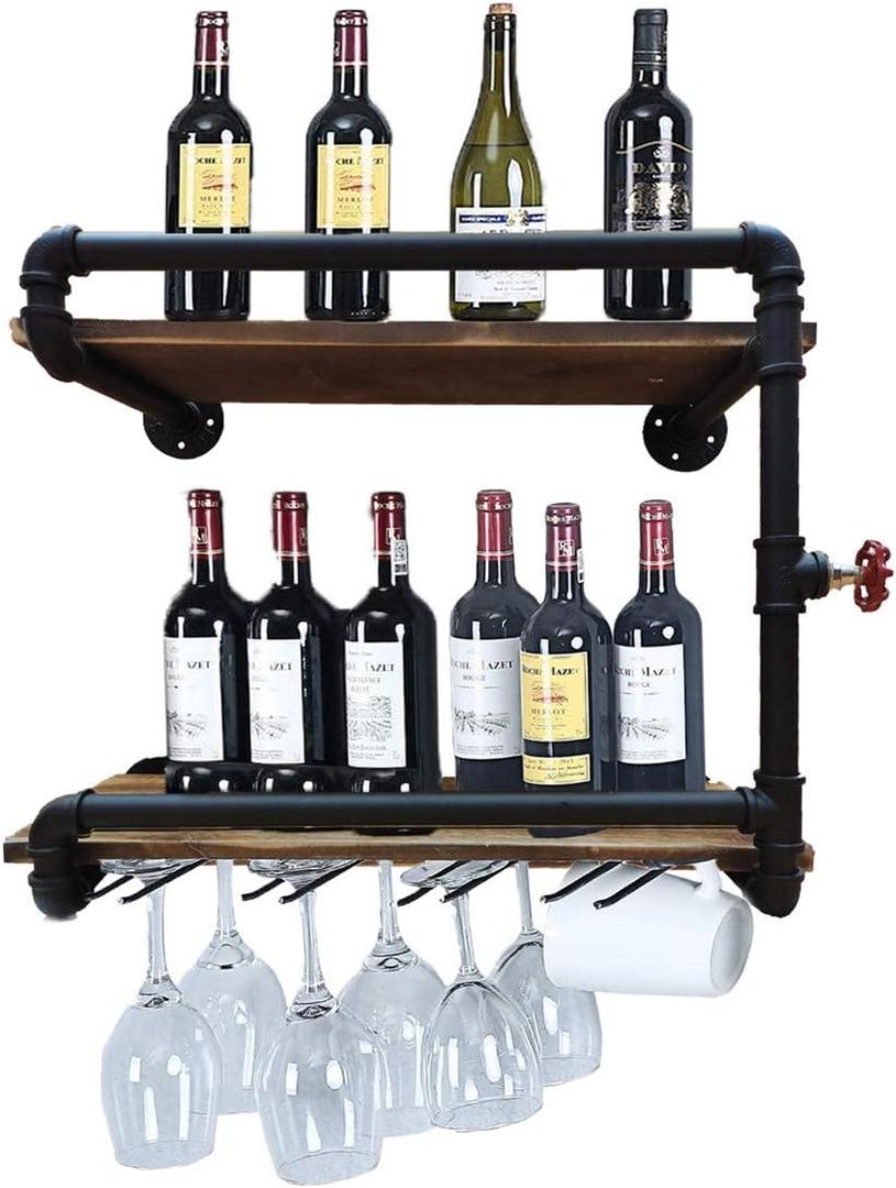 Industrial Wall Mounted Wine Racks with 4 Stem Glass Holder,24inch Rustic Metal Hanging Wine Holder Glass Rack,2-Tiers Floating Bar Shelves Bottle Holder Storage Shelves,Wood Shelves Wall Shelf
