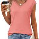 JUSTFASHIONNOW Lace Blouse Soft Cap Sleeve Tops for Women Summer V Neck Tank Tops Dressy Casual Shirts Trendy Clothes L
