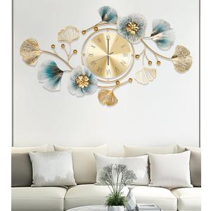 Wall Clock, Clocks for Living Room, Silent Wall Clock Decorative, 3D Retro Metal Ginkgo Leaf Design, for Office Bedroom Kitchen Clock(33''x18'') (Retro Blue - Rome)