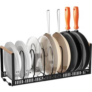 Pot and Pan Organizer for under Cabinet, Expandable Pan Lid Organizer for Kitchen Organizers and Storage, Upgraded with Adjustable Dividers and Wooden Handles